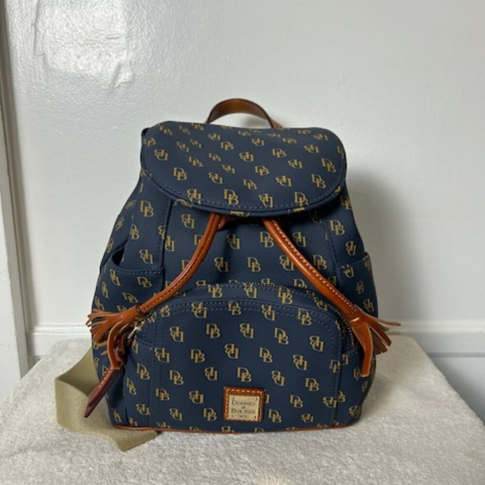 Dooney & Bourke Signature Monogram Navy Tan Bucket Drawstring Backpack Luxury